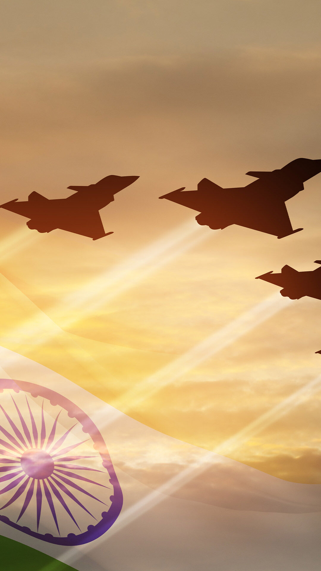 Indian Air Force fighter jets flying during sunset with Indian flag motif in the foreground, symbolizing patriotism and national pride